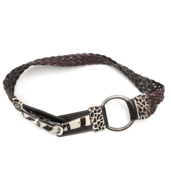 Vintage La Doppia Vita Leather Pony Hair Belt Animal Print Braided Brown White - Picture 2 of 14
